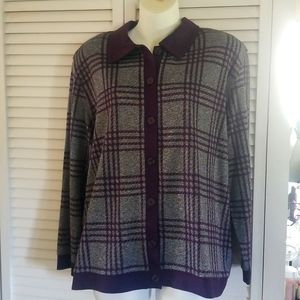 Plum & grey plaid button up collared cardigan